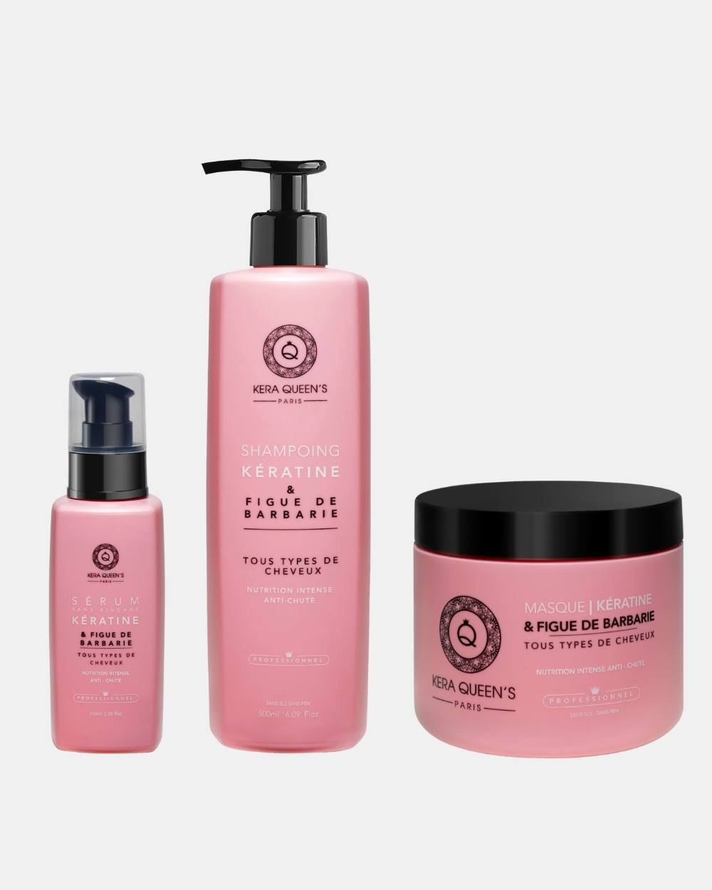 Gamme Rituel Figue de barbarie composée d'un shampoing 500ml, d'un masque 500ml et d'un sérum 100ml. Il convient à tous les types de cheveux