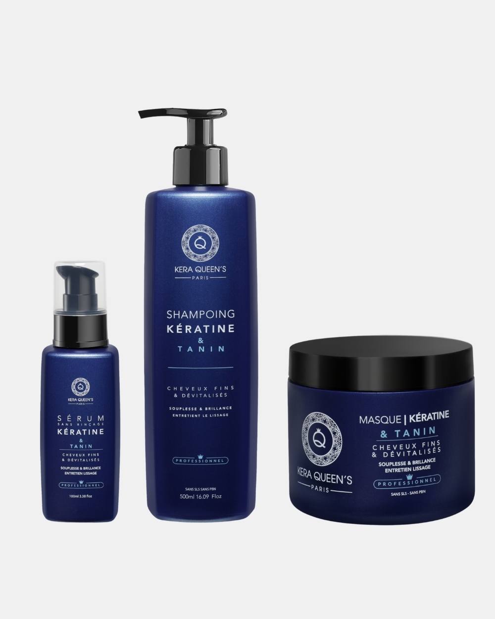 Gamme Kératine et Tanin shampoing 500 ml, masque 500 ml et serum 100 ml pour entretien de votre lissage