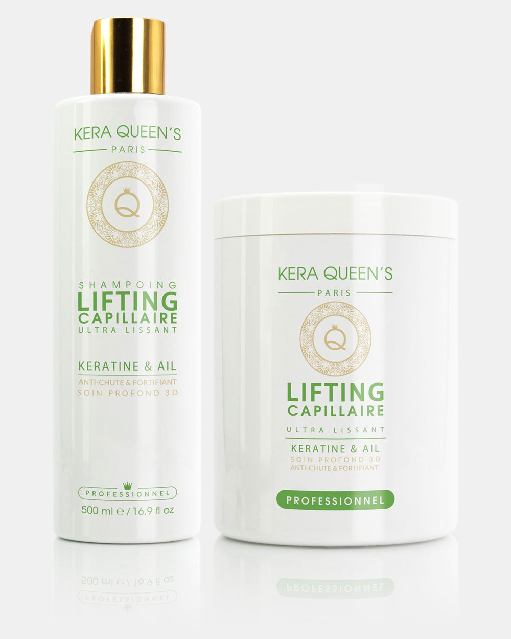 Gamme Lifting Kératine et Ail composée d'une bouteille de shampoing 500 ml et d'un masque 1000 ml