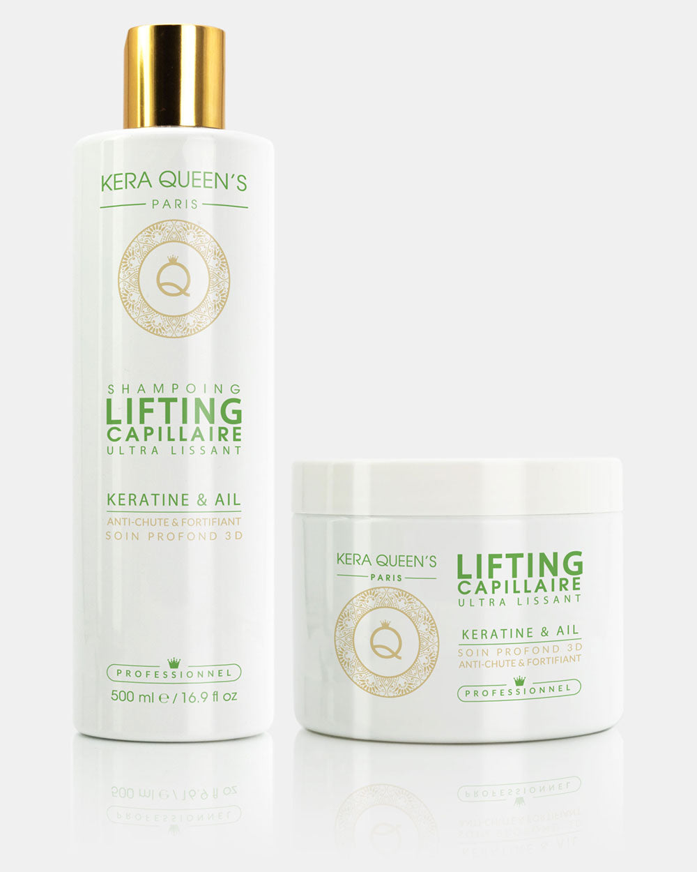 Gamme Lifting Kératine et Ail composée d'un shampoing et d'un masque 500 ml sans sulfate et sans parabène