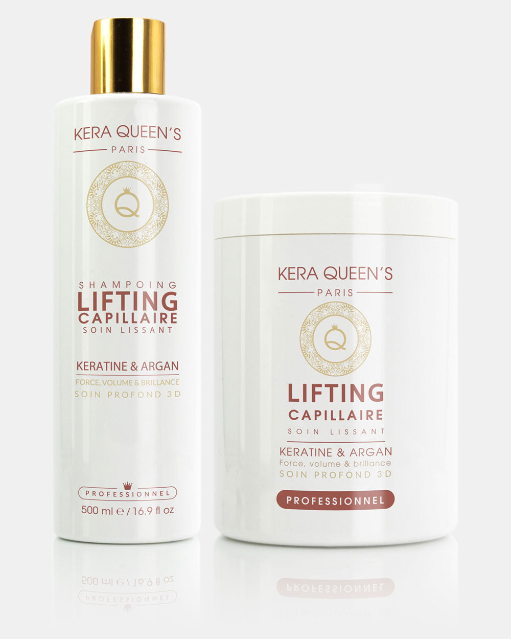 Gamme Lifting Kératine et Argan composée d'un shapoing 500 ml et masque 1000 ml pour la protection et l'éclat de vos cheveux.