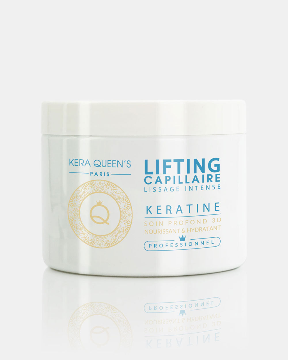 Soin Lifting Kératine intense 500 ml boitier blanc avec de l'écriture en bleu