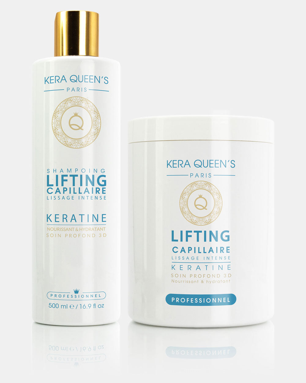 Gamme Lifting Kératine Intense avec une bouteille de shampoing 500 ml et un masque 1000 ml