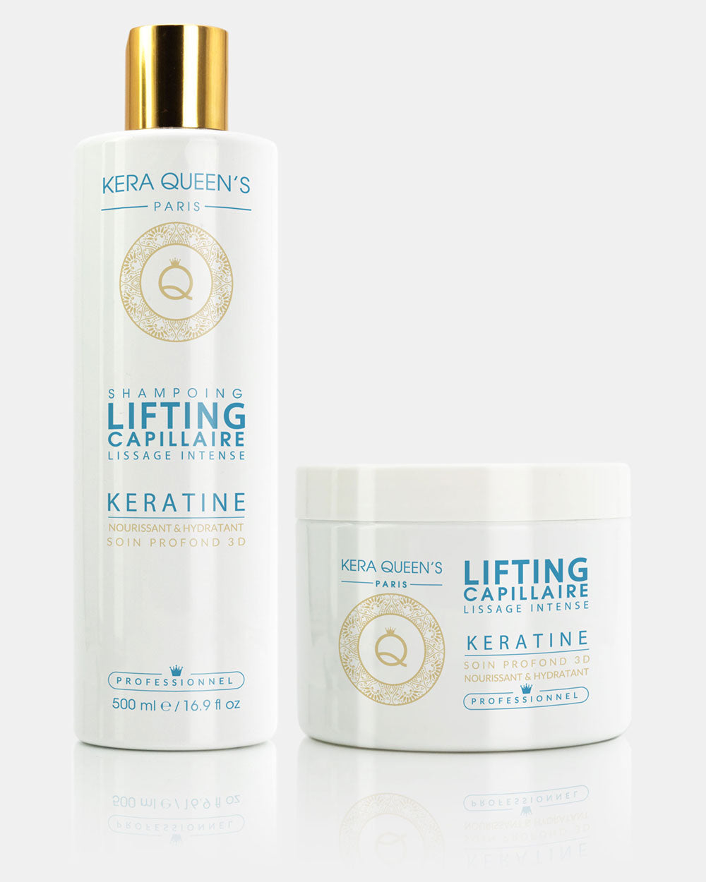 Gamme Lifting Kératine intense 500 ml composée d'un shampoing et masque 500 ml sans sulfate et sans parabène