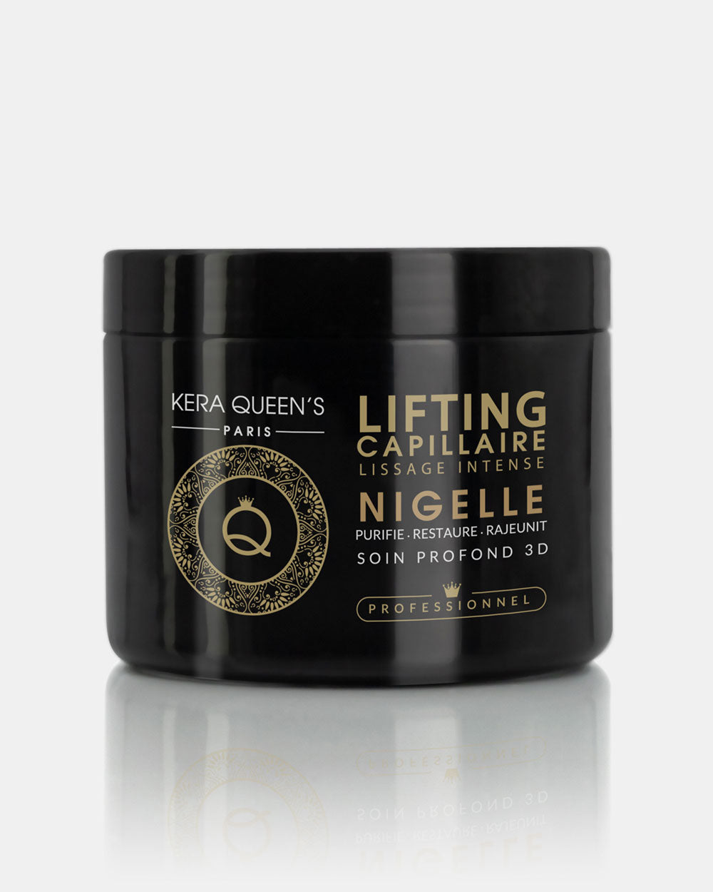 Soin Lifting Nigelle 500 ml boitier noir avec une écriture du logo et du contenu en gold