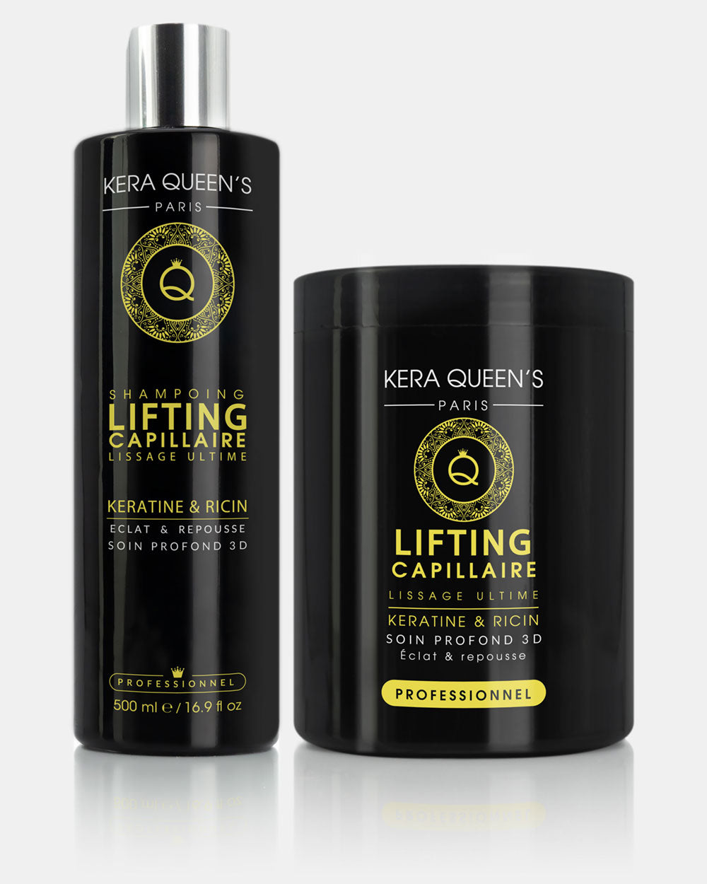 Lifting Kératine et Ricin composée d'un shampoing 500 ml et d'un masque 1000 ml lissera votre cheveu et le traitera en profondeur