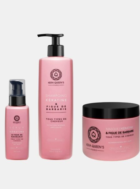 Gamme Rituel Figue de barbarie composée d'un shampoing 500ml, d'un masque 500ml et d'un sérum 100ml. Il convient à tous les types de cheveux