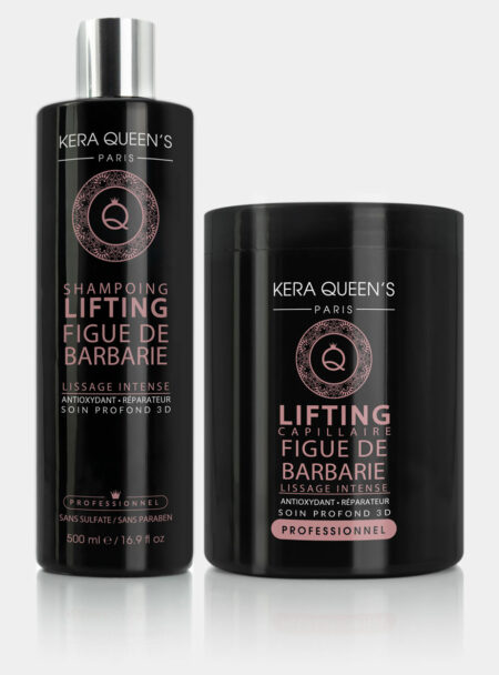 gamme lifting figue de barbarie et kératine composée d'un shampoing 500ml et d'un masque 1000 ml à base de huile de figue pour la protection des cheveux et le ralentissement de l'apparition des cheveux blancs