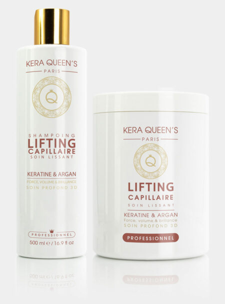 Gamme Lifting Kératine et Argan composée d'un shapoing 500 ml et masque 1000 ml pour la protection et l'éclat de vos cheveux.