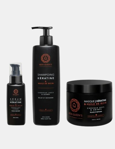 La Gamme Kératine et Ricin composée d'un shampoing, masque, serum sans sulfate et sans parabène. Dites stop aux cheveux secs et faites place aux cheveux doux et soyeux