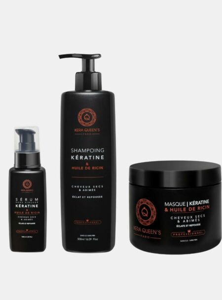 La Gamme Kératine et Ricin composée d'un shampoing, masque, serum sans sulfate et sans parabène. Dites stop aux cheveux secs et faites place aux cheveux doux et soyeux