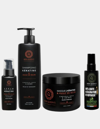 Pack Ricin composée par le shampoing, serum, masque et spray repousse. Dites au revoir aux cheveux secs et abimés et faites places aux cheveux doux et soyeux