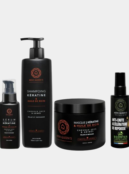 Pack Ricin composée par le shampoing, serum, masque et spray repousse. Dites au revoir aux cheveux secs et abimés et faites places aux cheveux doux et soyeux